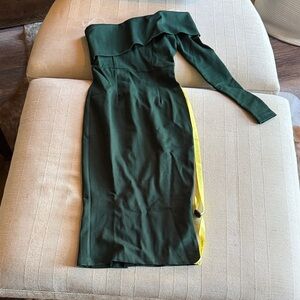 Chic One-Shoulder Dress in Forest Green and Bright Yellow